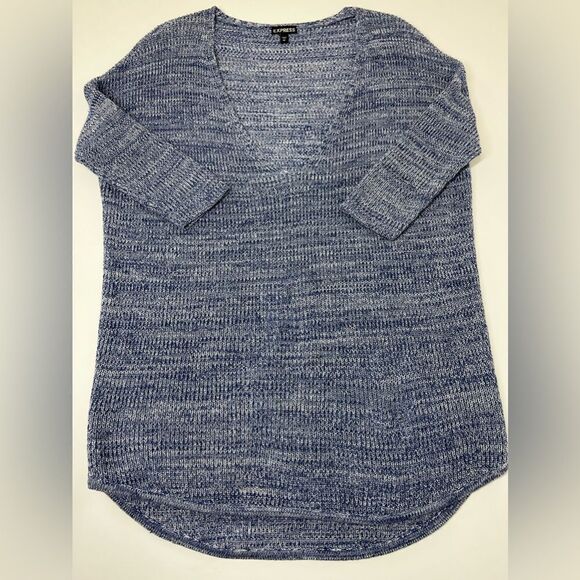 Express Blue Marl V-Neck Sweater Size Small Cotton Oversized - Picture 4 of 14
